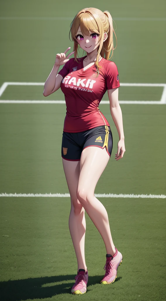 anime, beautiful face, highly detailed face, 2 accurate legs, pink detailed eyes, highly detailed background, perfect lighting, accurate arms, accurate hands, accurate fingers, blonde hair, full body, 1girl, solo, ruby hoshino, oshi no ko, outdoors absurdres, high res, ultrasharp, 8K, masterpiece, looking at the opponent, (full body:1.4), teasing smile, tight football t-shirt, tight sport shorts, playing football against someone, cleavage, on a soccer pitch, soccer