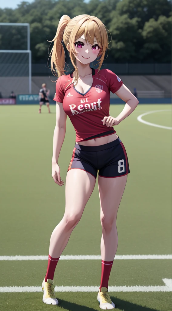anime, beautiful face, highly detailed face, 2 accurate legs, pink detailed eyes, highly detailed background, perfect lighting, accurate arms, accurate hands, accurate fingers, blonde hair, full body, 1girl, solo, ruby hoshino, oshi no ko, outdoors absurdres, high res, ultrasharp, 8K, masterpiece, looking at the opponent, (full body:1.4), teasing smile, tight football t-shirt, tight sport shorts, playing football against someone, cleavage, on a soccer pitch, soccer