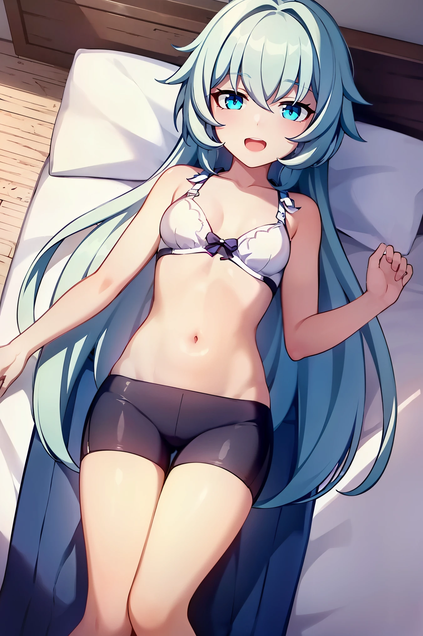 1 girl, best quality, ultra high res, long hair, blue hair, blue eyes, shigure kira, looking at viewers, small breast, standing, pov, slim body, body, small body, short body, smile, open mouth, bra, white bra, bike shorts, bedroom, white bed sheets,