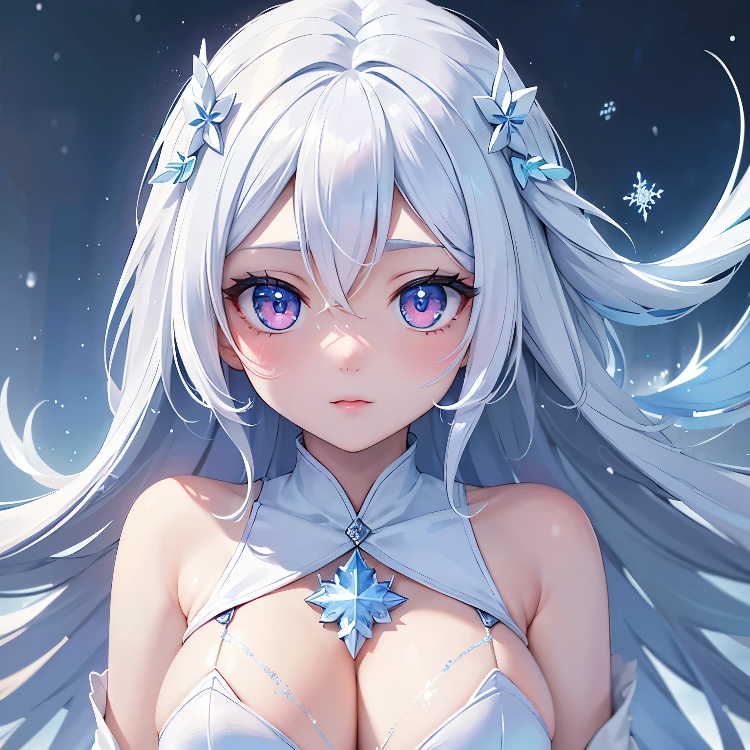 (masterpiece,best quality,ultra-detailed),1girl, large breast, glowing eyes,long hair,(((frost pretty girl))),beautiful and detailed face, detailed eyes,night,snow particles in the air,((frost theme)),((((frost theme)))),