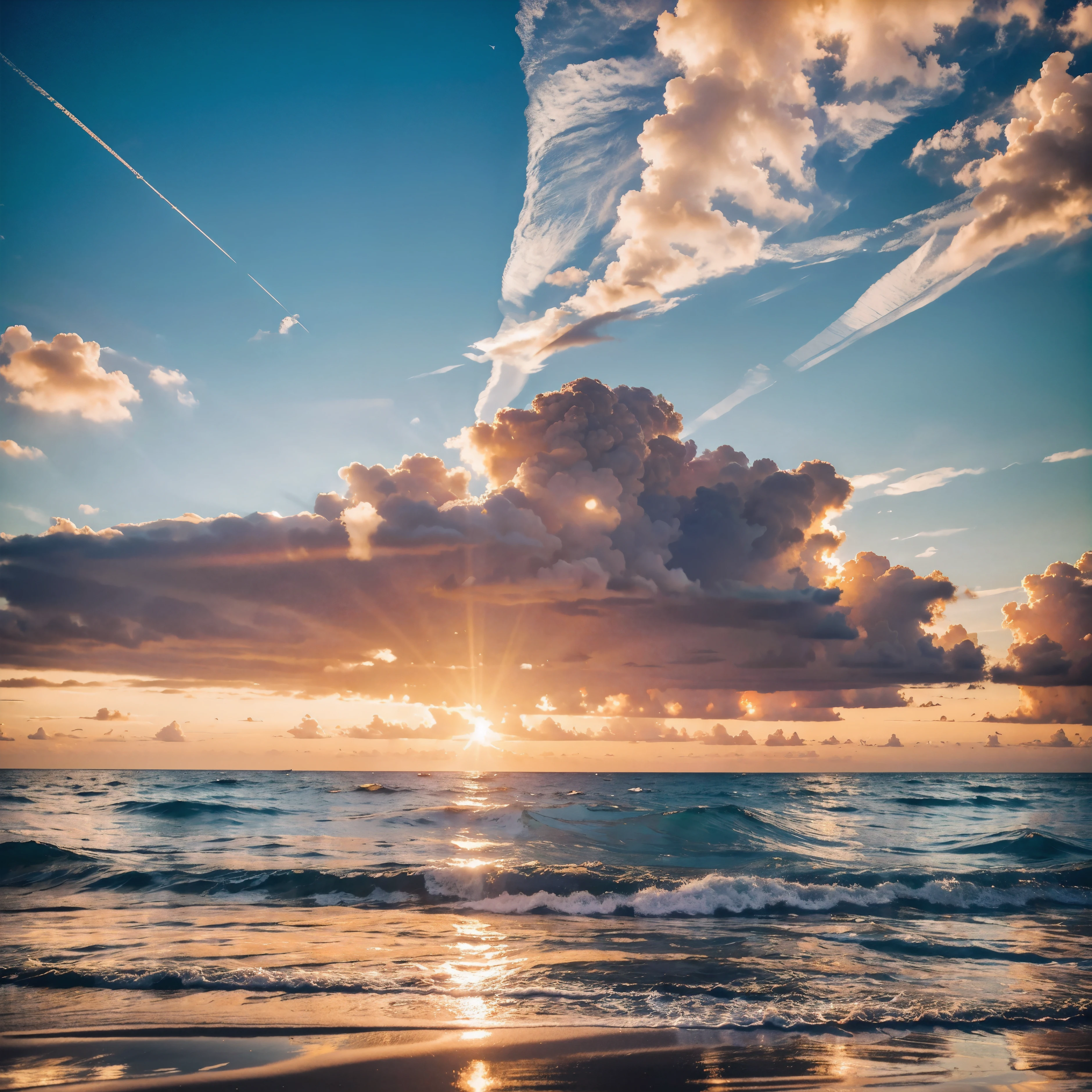 (Best Quality,highres,hdr),Sunset in Miami over the sea in high definition,Highly detailed presentation,Beautiful panoramic view,The glowing orange sky reflects on the water,Tropical palm trees gently swaying in the breeze,Crimson and gold colors paint the horizon,bright colours,Professional Photography,quiet and serene atmosphere,Soft golden light illuminates the scene,Ripples on the water create a sense of movement,Amazing reflection of the sun on the sea,Stunning and stunning views,Peaceful and romantic atmosphere,Calm waves hitting the beach,Luxury beachfront properties line the coast,The sparkling sand sparkles in the sunlight,Dynamic composition with the sun placed in the center of the frame,Calm and dreamy mood,Evoking a feeling of serenity and warmth,巨作:1.2