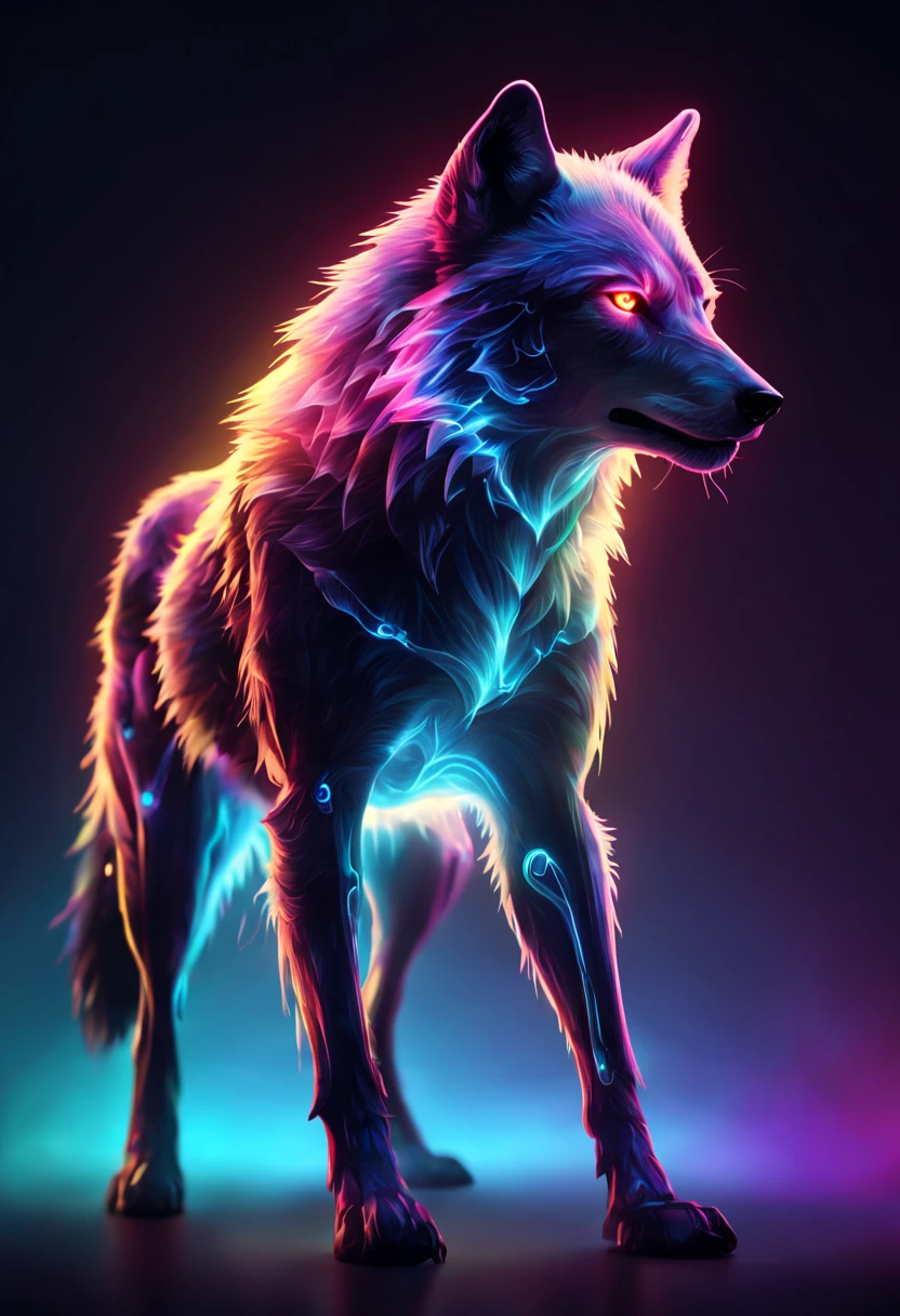 Ultra detailed illustration of the silhouette of a wolf, phantasmagorical figure, (((translucent skin:1.5))), (((translucent body:1.5))), neon lights, light particles, colorful, cmyk colors, backlit, cyberpunk
