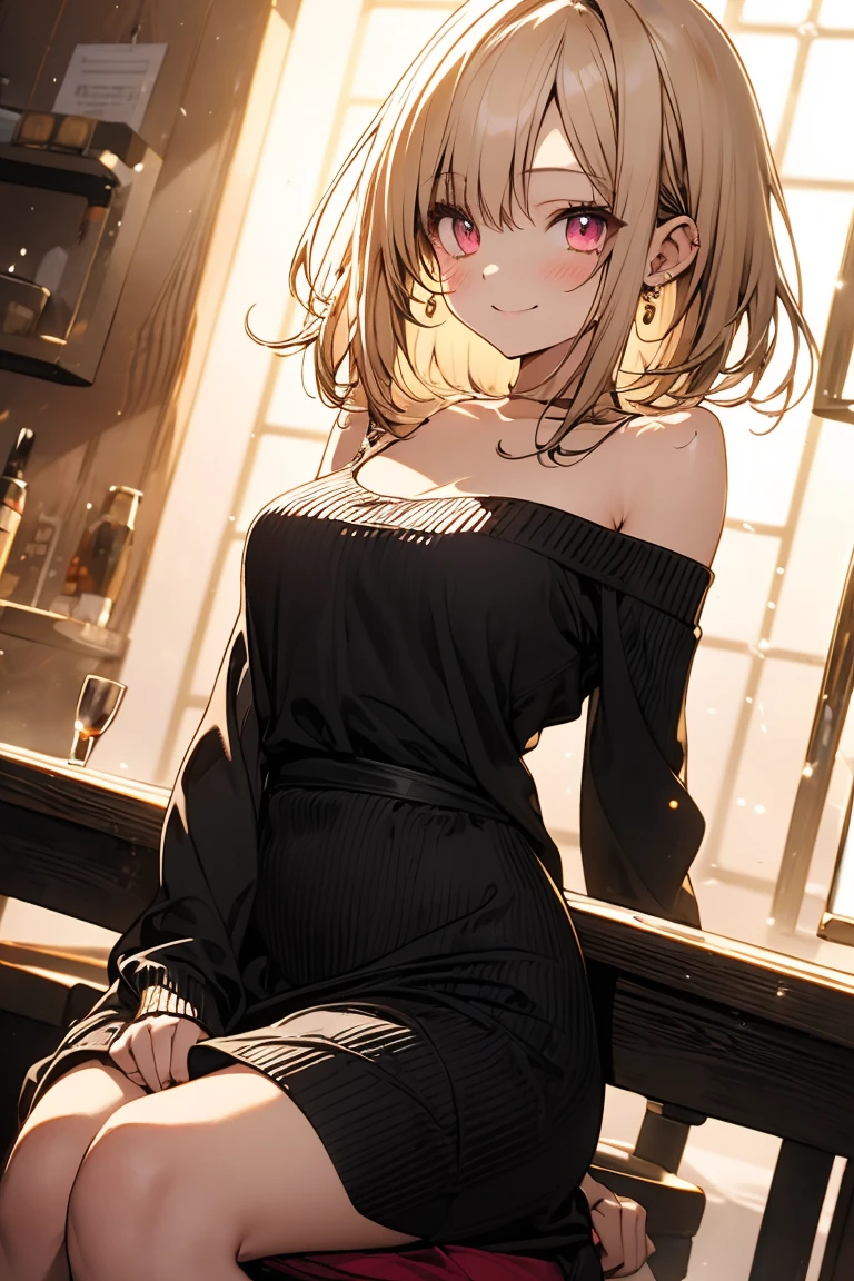 (((Masterpiece))),(((Super Detail))),(((in 8K))),(((best composition))),(((Rim lighting,Fireglow effect,deep shadow))),solo),Beautiful fingers,Detailed finger features,(Detailed hair features:1.7),(Dynamic and sexy bending pose:1.3),detailed facial features,detailed clothes features, (perky chest:1.1), (pointed chest:1.3), delicate beautiful face, Bright blue eyes, cute eyes, sparkling eyes, Big eyes, beautiful detailed eyes,double bun with glittering hair ornament:0.6,(super detailed glossy skin:1.3),slender body,goddess smile,((with sparkling eyes and a contagious smile)),beautiful posture,have a cup of coffee,black hair, red eyes, dress, bare shoulders, jewelry, collarbone, sidelocks, hairband, earrings, indoors, off shoulder, sweater, arms behind back, plant, short hair with long locks, white hairband, off-shoulder dress, sweater dress, off-shoulder sweater, red sweater, big side hair, very long side hair,(super delicate floral pattern:1.2),seductive cleavage:1.3,beautiful glossy legs,shiny red high heels,lifting dishes with cakesd,french restaurant,hustle and bustle,rising steam,(((depth of fields)))