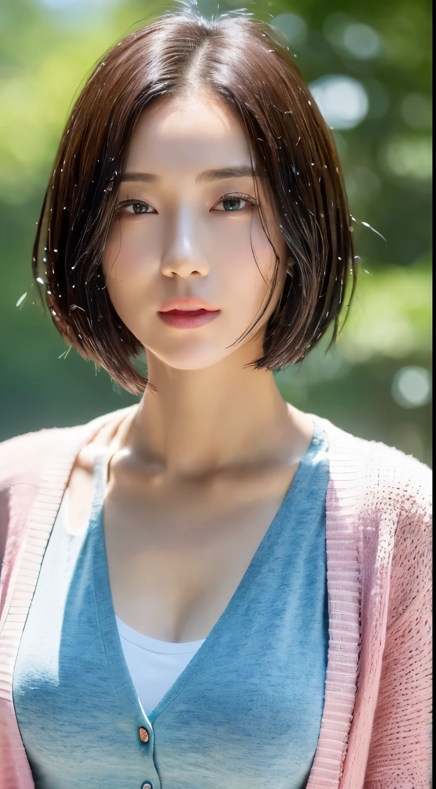 ((top-quality、8K、masterpiece:1.3))、1人、Beautiful woman with slender abs:1.3、(Medium short hair、:1.2)、Cardigan:1.1、hyperdetailed face、A detailed eye、二重まぶた pink there Eau getting wet tshirts Colossal tits
