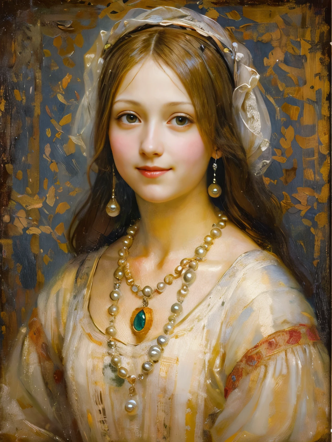 an oil painting,da vinci art style。beuaty girl,sportrait,with a round face,ssmile:1.37,Beautiful medieval clothing,pearls necklace,Artistic creativity:1.37,Oil brush strokes,Oil painting texture,Optical details