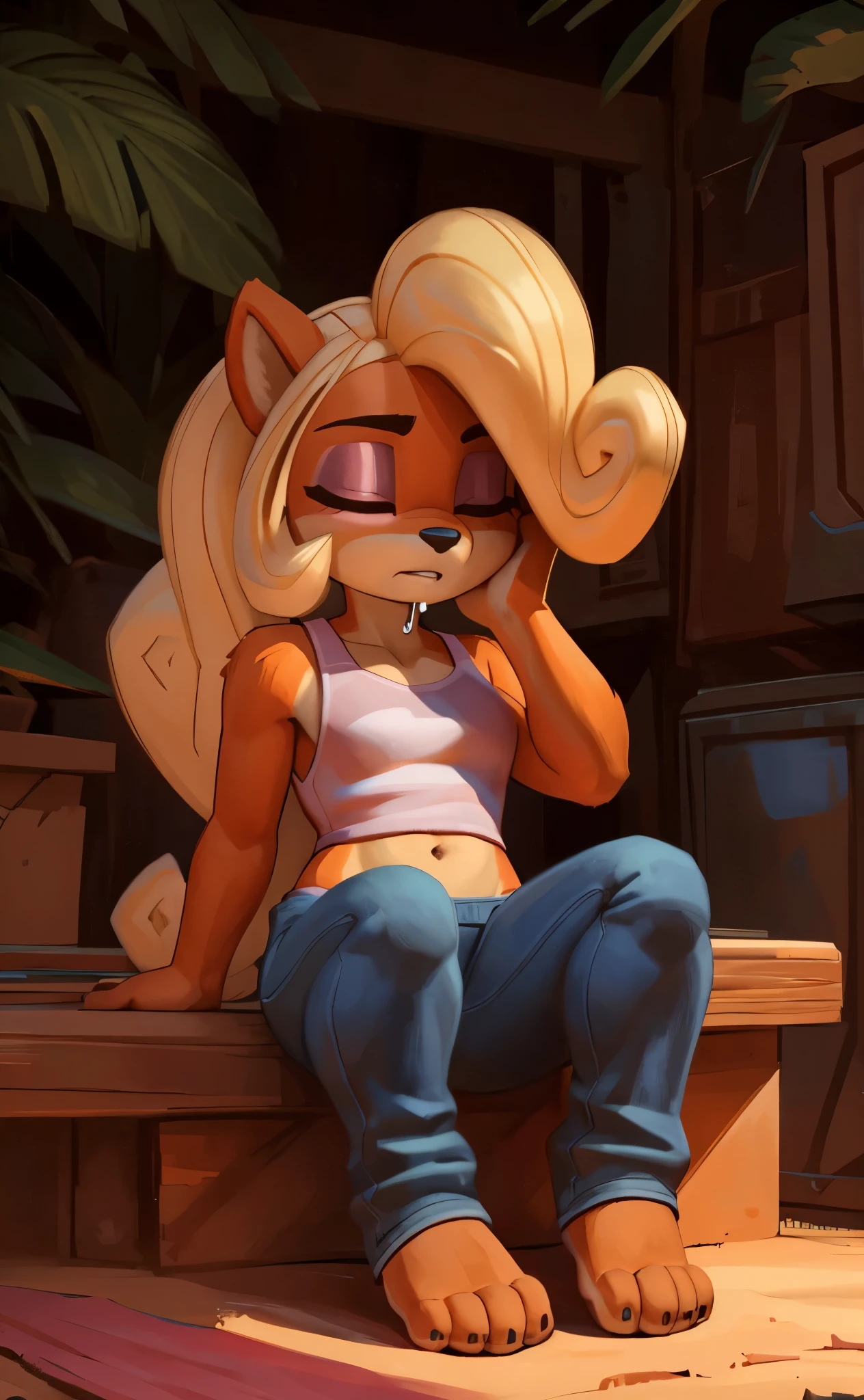 [Coco bandicoot], [Uploaded to e621.net; (Pixelsketcher), (wamudraws)], ((masterpiece)), ((HD)), ((solo portrait)), ((full body)), ((front view)), ((feet visible)), ((furry; anthro)), ((detailed fur)), ((detailed shading)), ((beautiful render art)), ((intricate details)), {anthro; orange fur, black nose, (both eyes closed), (short eyelashes), (pink eyeshadow), (long blonde curly hair), (curvy hips), (beautiful legs), (drool on mouth), (expressionless), (sleep)}, {(white tank top pink lining), (navel), (tight jeans), (white socks on feet)}, {(sitting on couch), (laying on back), (legs spread open), (head resting on hand), (hand on face), (sleeping)}, [background; (tropical forest), (garage), (workbench), (blue sky), (ambient lighting)]