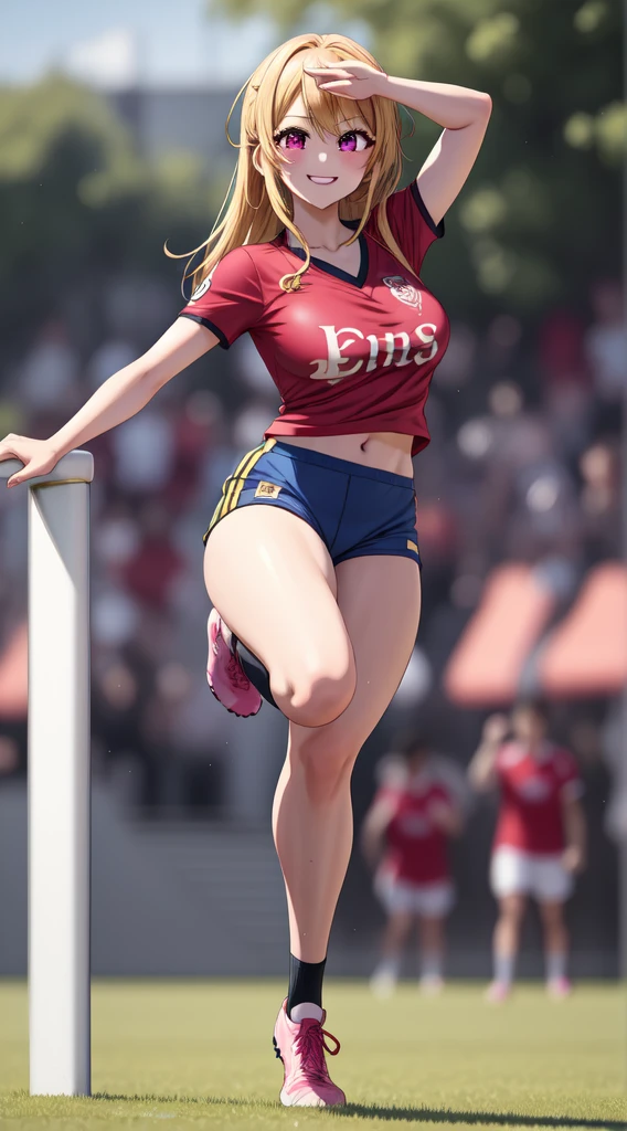 anime, beautiful face, highly detailed face, 2 accurate legs, pink detailed eyes, highly detailed background, perfect lighting, accurate arms, accurate hands, accurate fingers, blonde hair, full body, 1girl, solo, ruby hoshino, oshi no ko, outdoors absurdres, high res, ultrasharp, 8K, masterpiece, looking at the opponent, (full body:1.4), teasing smile, tight football t-shirt, tight sport shorts, playing football against someone, cleavage, on a soccer pitch, running towards viewer, soccer