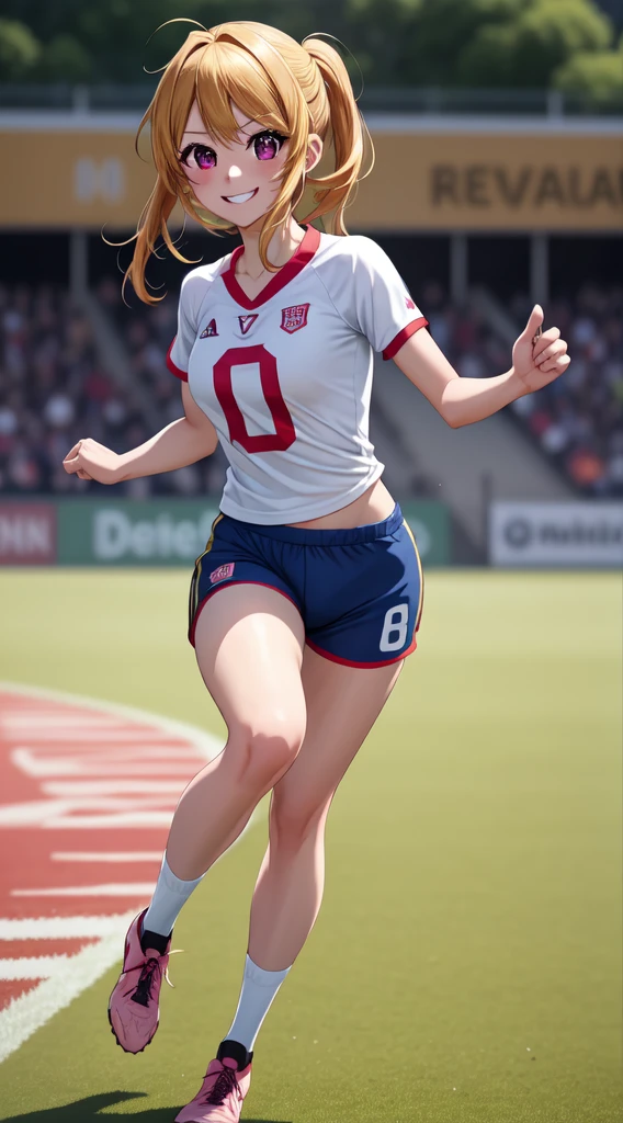 anime, beautiful face, highly detailed face, 2 accurate legs, pink detailed eyes, highly detailed background, perfect lighting, accurate arms, accurate hands, accurate fingers, blonde hair, full body, 1girl, solo, ruby hoshino, oshi no ko, outdoors absurdres, high res, ultrasharp, 8K, masterpiece, looking at the opponent, (full body:1.4), teasing smile, tight football t-shirt, tight sport shorts, playing football against someone, cleavage, on a soccer pitch, running towards viewer, soccer