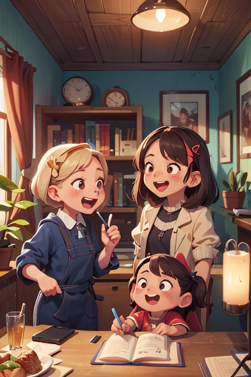 close_up of Laughing faces, Friend gatherings, living room, intricate, (masterpiece, Representative work, official art, Professional, unity 8k wallpaper:1.3)
