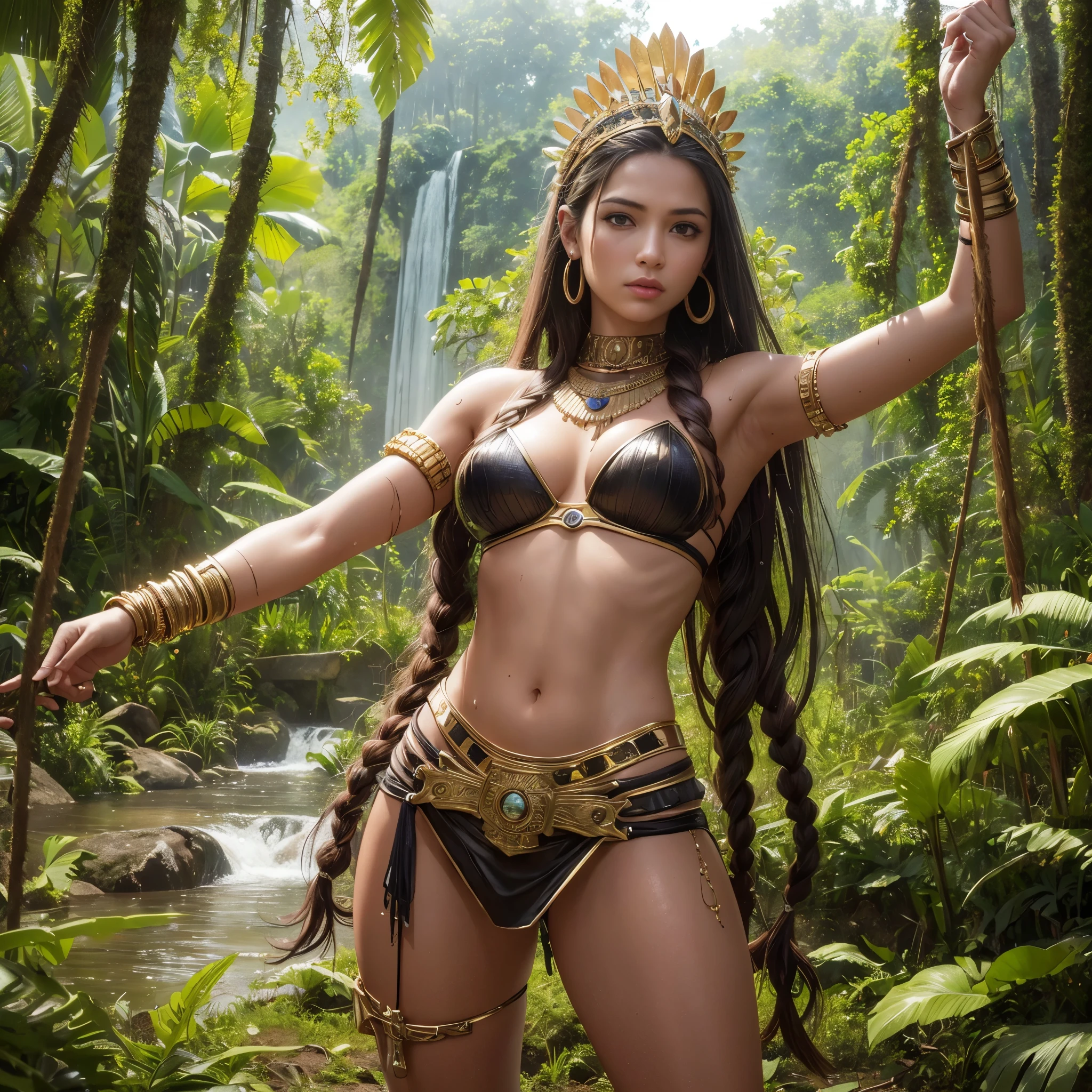 Best quality, masterpiece, ultra high res, (photorealistic:1.4), raw photo, 1girl, Amazonian warrior princess, armed for battle, light armour, gold jewelry, headdress, fight pose, sexy, bronzed skin, long braided hair, bracelets, alone in the jungle, murky lighting, wet environment, humid, sweating