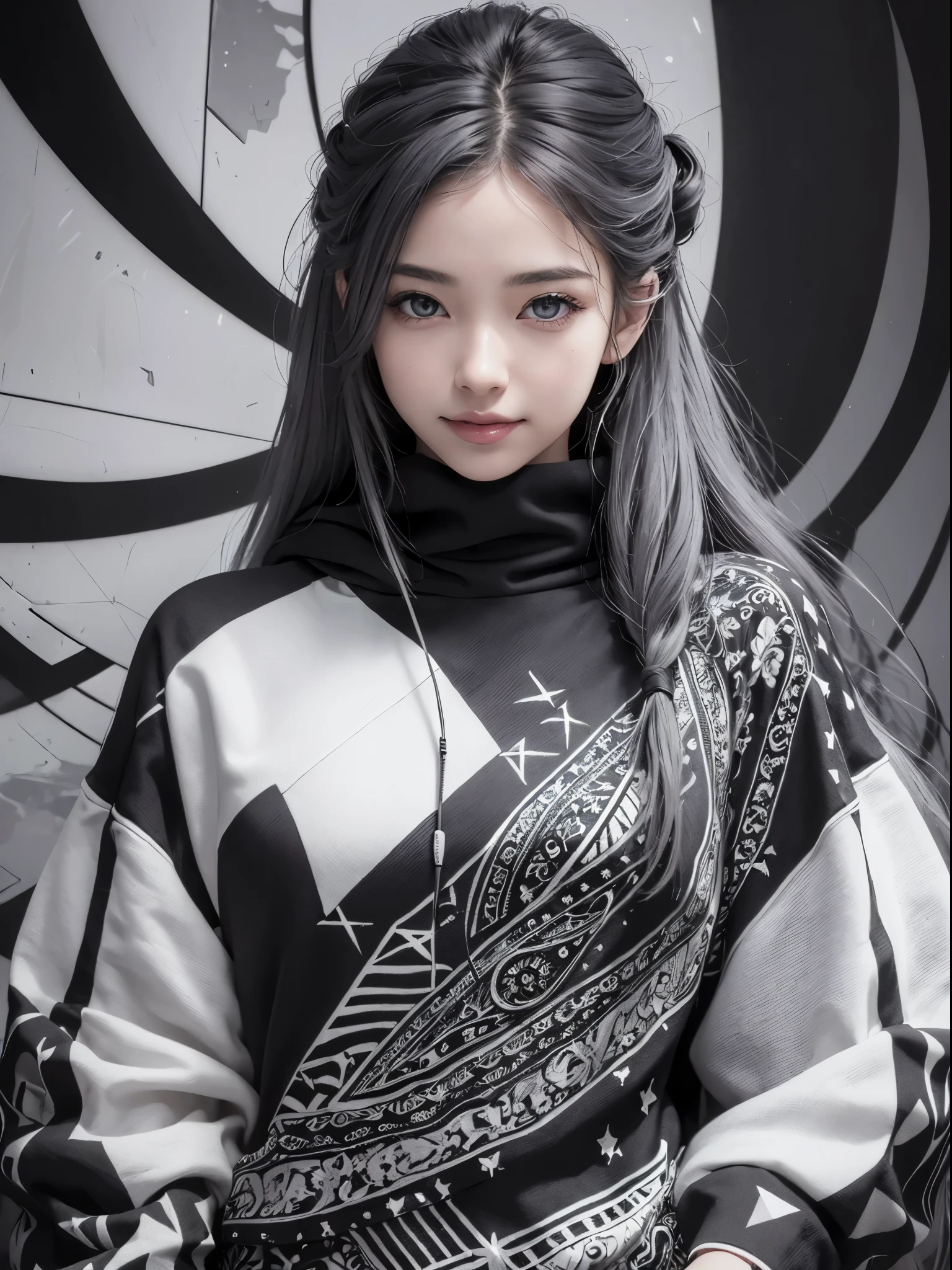 (Realistic:1.8), (Digital art:0.2), (Geometric art:1.7),(agpi official art, beautiful and aesthetic, ultra detailed, beautiful, masterpiece, best quality:1.6), (1girl:1.2), Detailed face, Detailed eyes, Detailed hair, young fingers, Detailed fingers, five fingers BREAK cute ig model, Japanese cute model, 22 years old, Tightened all body, small head, small face, small mouth, diamond Face, small nose, Sharp Faceline, (dropy eyes, Double eyelid, Light color eyes, Glossy eyes, Shiny eyes:1.2), Shiny skin, shiny hair, (gray hair:1.2),
_
BREAK (happy, smile, Teeth, Glossy Lip:1.2),beautiful Teeth, (upper body:1.5), sitting, from front,
_
BREAK (BLACK and White theme:1.4), (view:1.2), (close-up emphasizing sweatshirt details:1.2), BREAK (black theme:1.2), (oversized black hoodie with geometric cutouts and patterns:1.2), (white skinny leggings with subtle geometric patterns:1.2),
