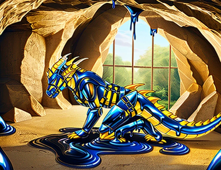 red yellow orange, a photorealistic HD cg closeup render of a female paladin knight morphing into a latex dragon as a cursed dragon tack wraps around her body, red and yellow with orange accents, human latex dragon hybrid, wearing dragon's saddle, harness, bridle, and mithril plate armor, inside abandoned stall in subterranean dragon aerie cave, heavy armor, human morphing into latex rubber goo dragon, latex goo coating