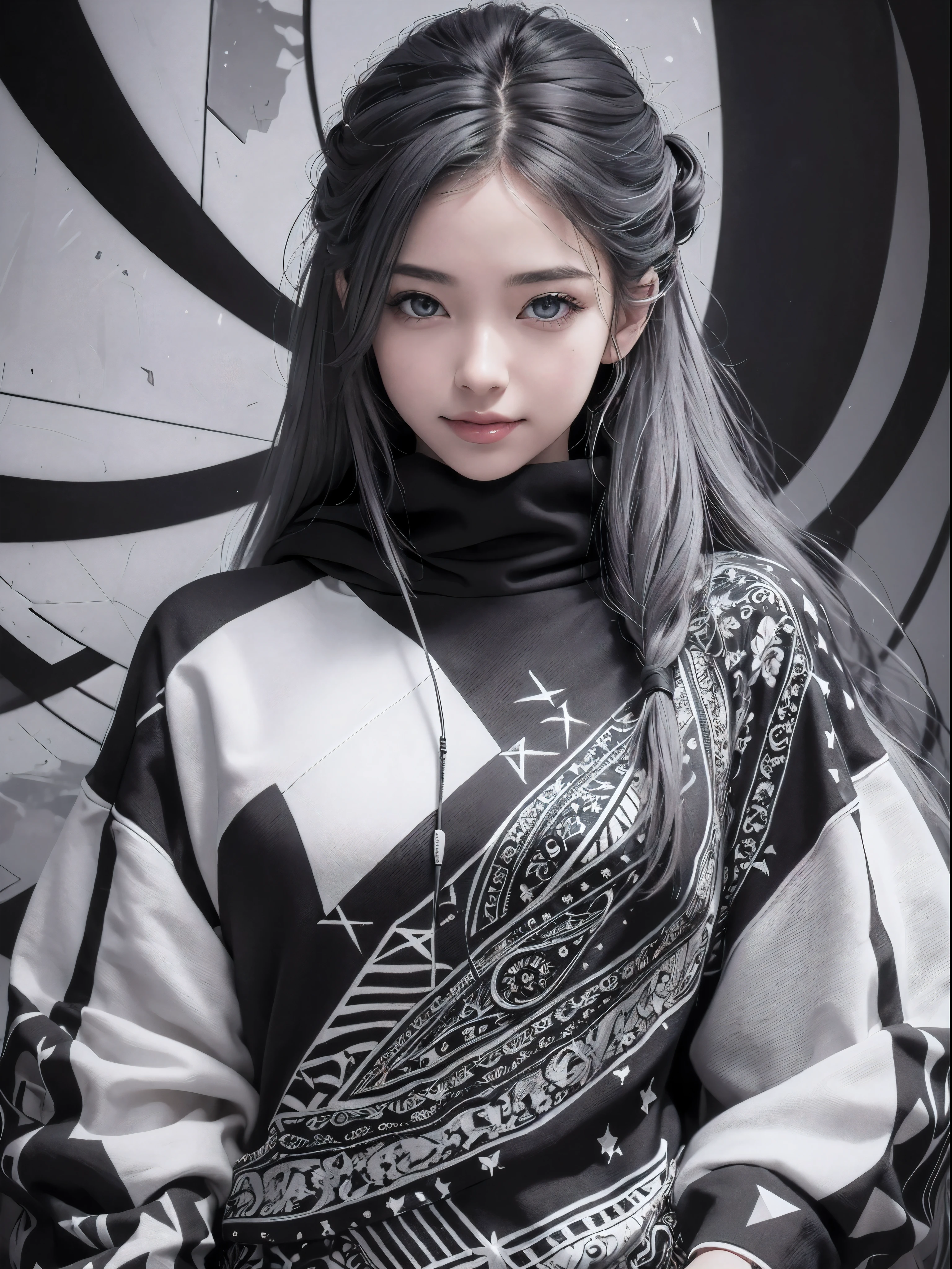 (Realistic:1.8), (Digital art:0.2), (Geometric art:1.7),(agpi official art, beautiful and aesthetic, ultra detailed, beautiful, masterpiece, best quality:1.6), (1girl:1.2), Detailed face, Detailed eyes, Detailed hair, young fingers, Detailed fingers, five fingers BREAK cute ig model, Japanese cute model, 22 years old, Tightened all body, small head, small face, small mouth, diamond Face, small nose, Sharp Faceline, (dropy eyes, Double eyelid, Light color eyes, Glossy eyes, Shiny eyes:1.2), Shiny skin, shiny hair, (gray hair:1.2),
_
BREAK (happy, smile, Teeth, Glossy Lip:1.2),beautiful Teeth, (upper body:1.5), sitting, from front,
_
BREAK (BLACK and White theme:1.4), (view:1.2), (close-up emphasizing sweatshirt details:1.2), BREAK (black theme:1.2), (oversized black hoodie with geometric cutouts and patterns:1.2), (white skinny leggings with subtle geometric patterns:1.2),