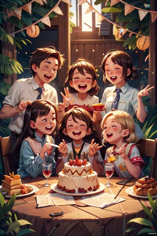 close_up of Laughing faces, Friend gatherings, Laughing heartily, birthday party, intricate, (masterpiece, Representative work, official art, Professional, unity 8k wallpaper:1.3)