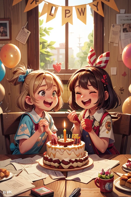 close_up of Laughing faces, Friend gatherings, Laughing heartily, birthday party, intricate, (masterpiece, Representative work, official art, Professional, unity 8k wallpaper:1.3)