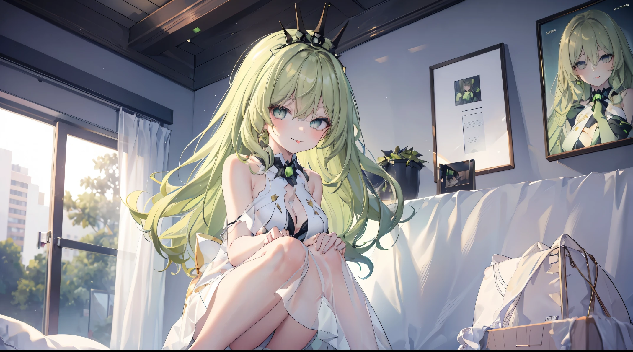 1 girl，Best quality, tmasterpiece, Long green hair, beautiful,detailed eyes, HD, extremely detailed, Visually inspect the audience, (green eyes:1.3), (solo girl:1.3), tongue out，The face is slightly red，is shy，full bodyesbian，adorable，Lori small breasts cleavage，white dresses，(sitting on his knees on the bed:1.4),