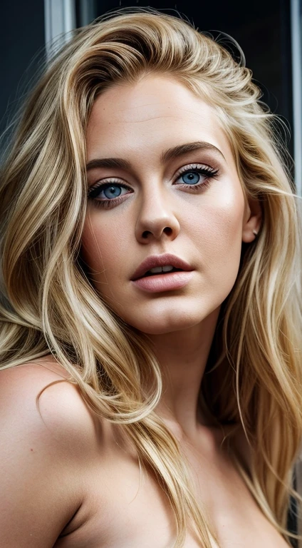 Face Singer Adele age 20 years, blond, eyes blue, texture hair, beautiful (muscle body:1.2), texture skin, naked