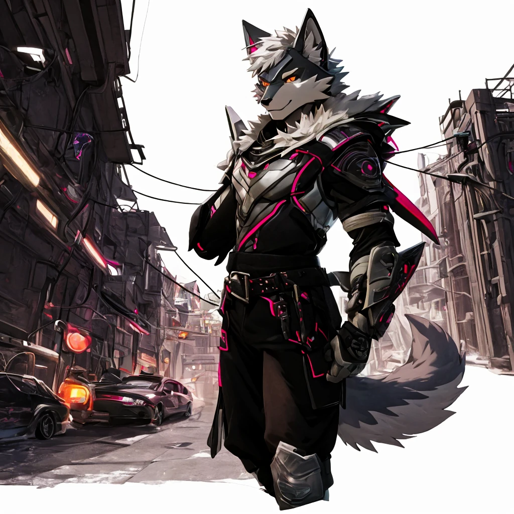 cyber punk perssonage,epcot,Tech style,solo person,White body,White ears,White hair,Overall white,Orange-yellow eyes,Wolf tail,Wolf orcs,Young,Wear a short-sleeved shirt,Ultra-clear screen,Soft lines