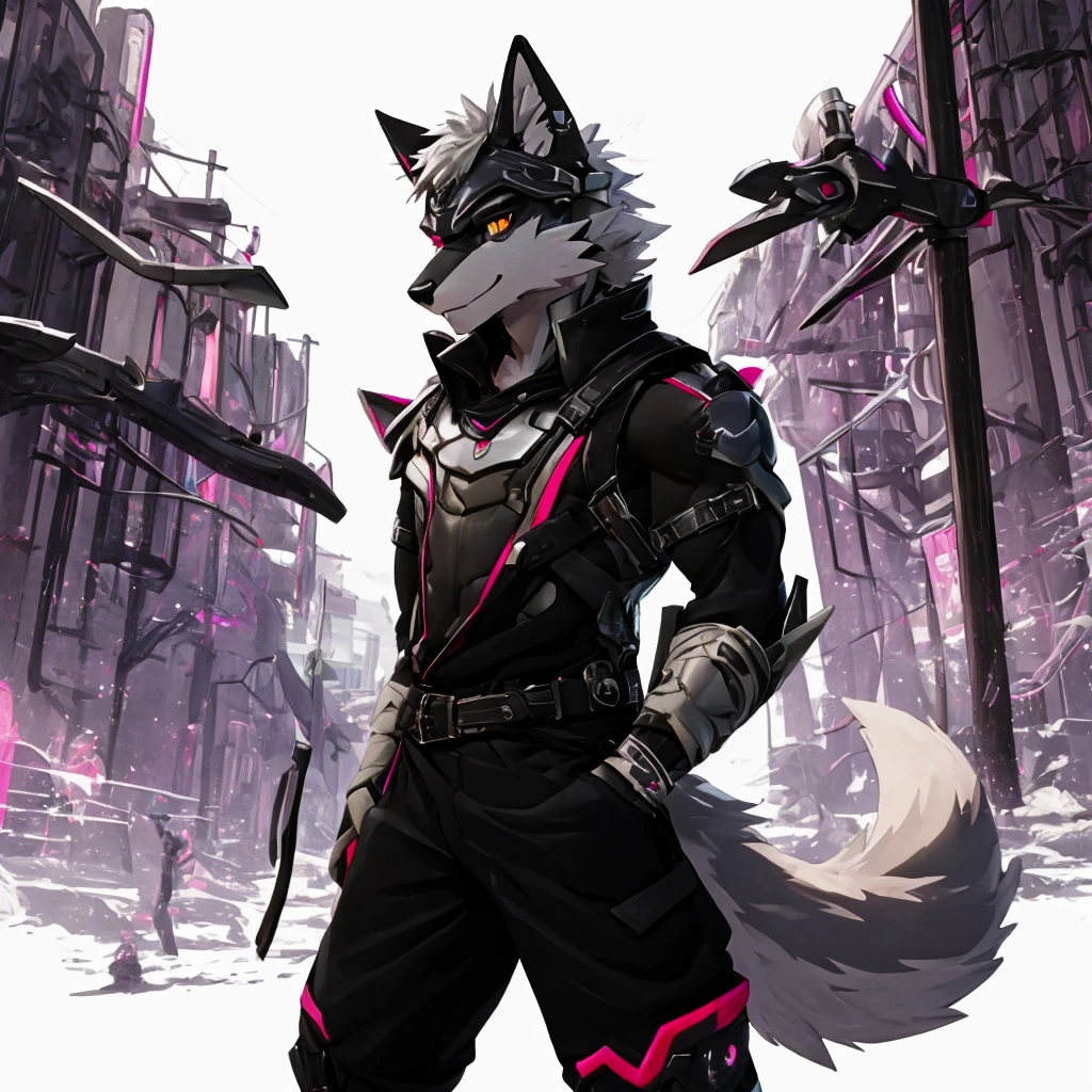 cyber punk perssonage,epcot,Tech style,solo person,White body,White ears,White hair,Overall white,Orange-yellow eyes,Wolf tail,Wolf orcs,Young,Wear a short-sleeved shirt,Ultra-clear screen,Soft lines