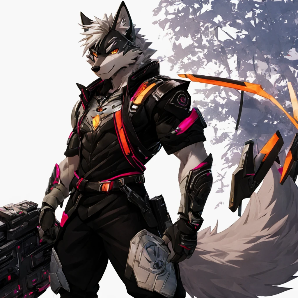 cyber punk perssonage,epcot,Tech style,solo person,White body,White ears,White hair,Overall white,Orange-yellow eyes,Wolf tail,Wolf orcs,Young,Wear a short-sleeved shirt,Ultra-clear screen,Soft lines