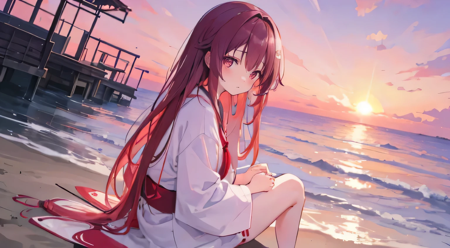 a sad long hair japanse girl sitting at the beach sunset quietly, warm colour, sky purple and red, high res, ultrasharp, 8k, masterpiece