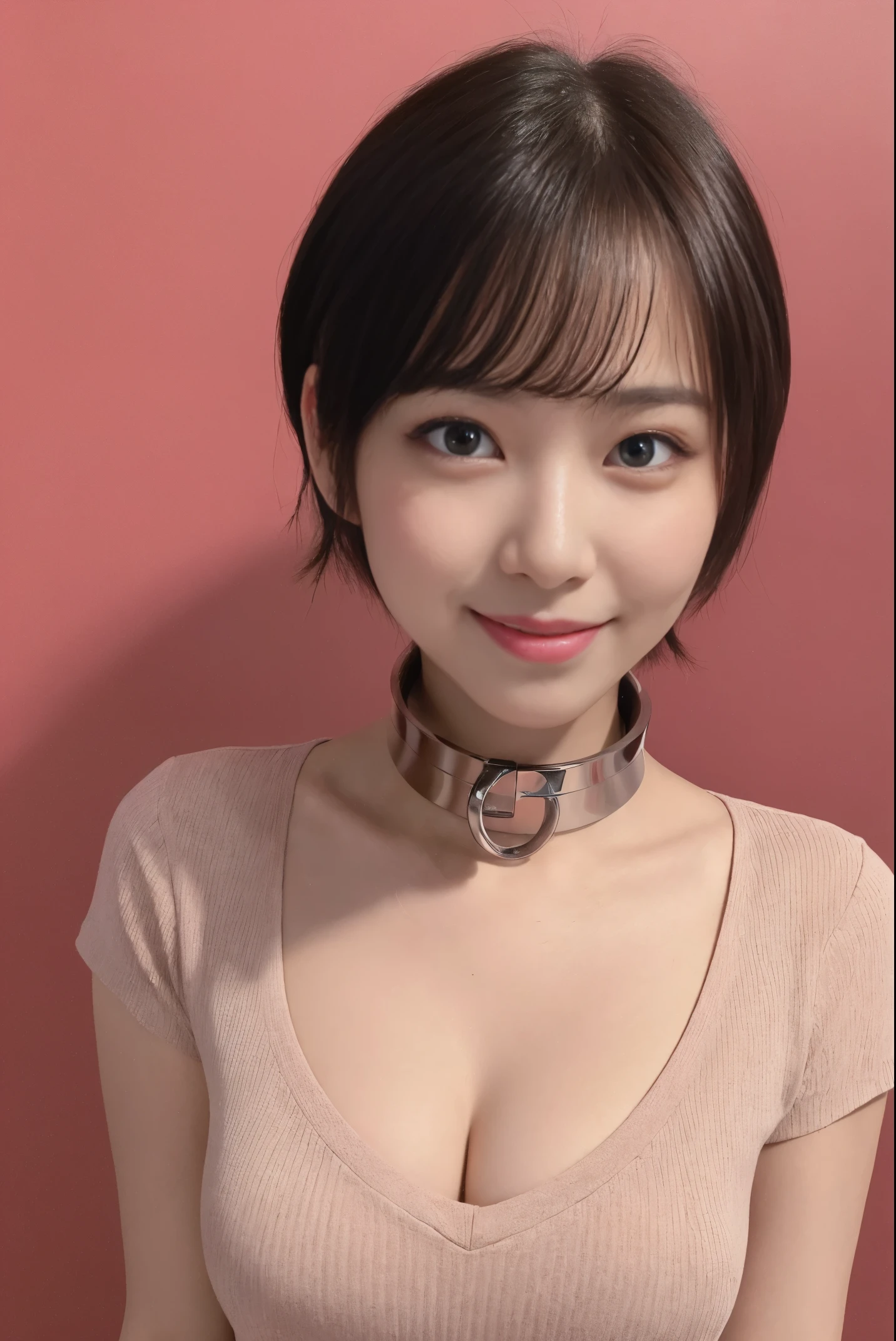 (8K, An ultra-high picture quality,top-quality),(​masterpiece:1.5),face,looking at viewer,(simple background),femele,short sleeved shirt,((Iron collar)),((short hair))red blush,a smile