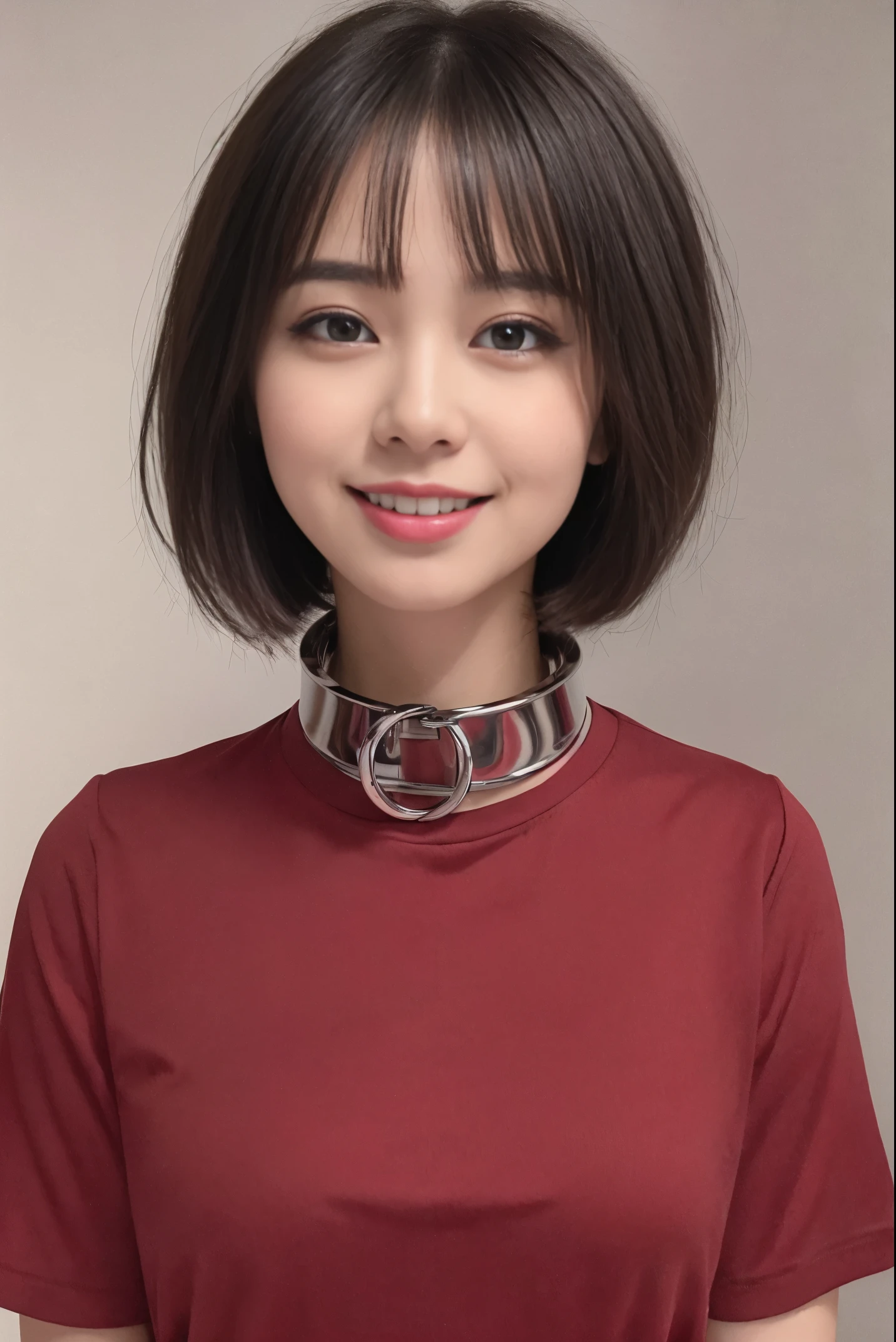 (8K, An ultra-high picture quality,top-quality),(masterpiece:1.5),face,looking at viewer,(simple background),femele,short sleeved shirt,((Iron collar)),((short hair))red blush,a smile