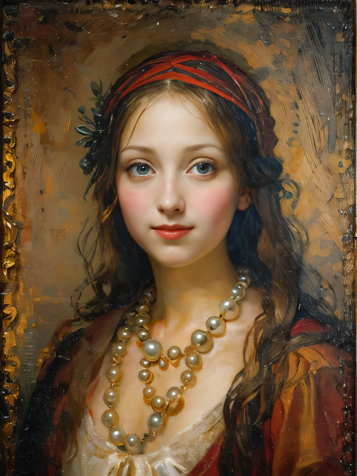 an oil painting，da vinci art style。beuaty girl，sportrait，with a round face，ssmile：1.37，Beautiful medieval clothing，pearls necklace，Artistic creativity:1.37,Oil brush strokes，Oil painting texture，Light and shadow composition