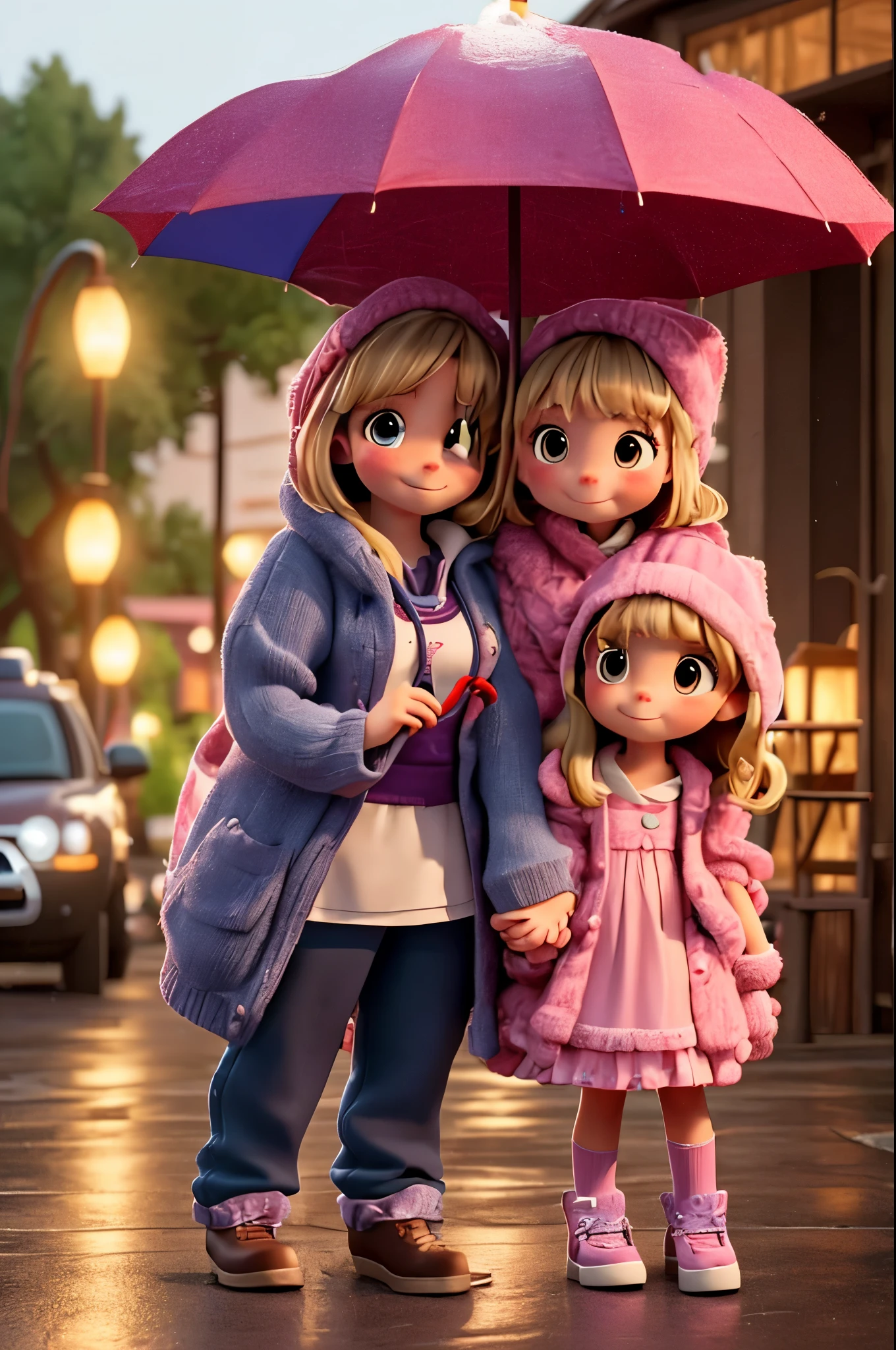 In the rain at night，The big chinchilla holding an umbrella and the  girl holding an umbrella carrying her sister，Waiting next to street lights and license plates！