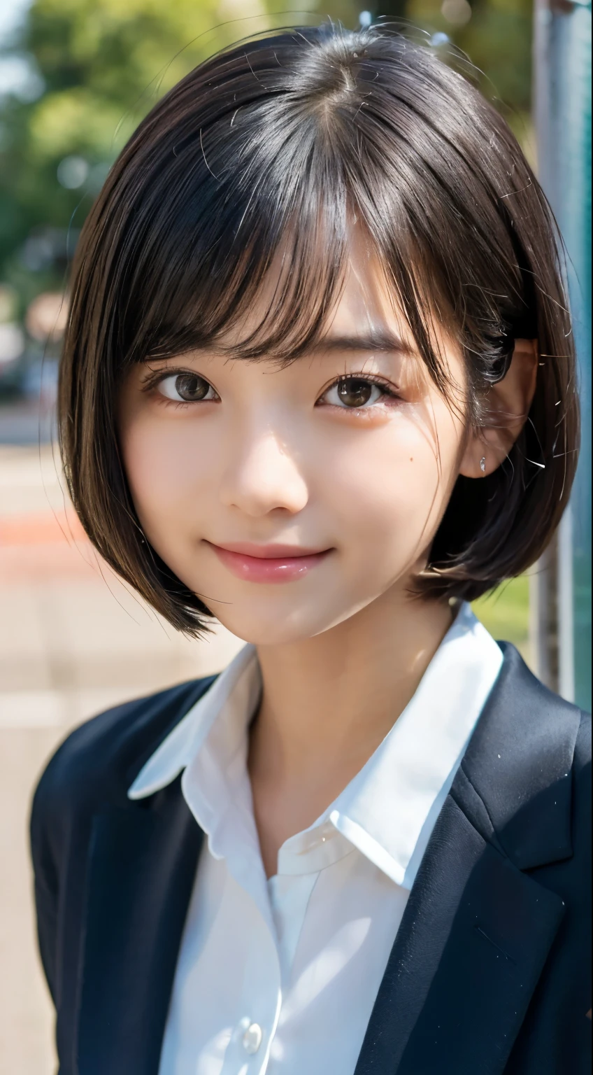 (top-quality,8K picture quality,​masterpiece:1.3),(超A high resolution,Photorealsitic:1.4,Raw photography),(ultra-detailliert,Caustics,Detailed background),(Ultra-realistic capture,Beautifully detailed skin,perfect anatomia),at the sunset,Sunset sky,school buildings,school ground,18year old,kawaii,Single eyelid,Black hair short bob,School Blazer Uniform,Looking at the camera,A smile,Bust-up shot,natural soft light