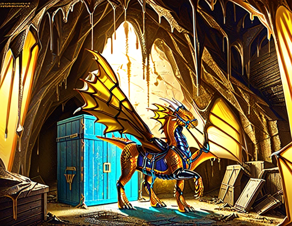 red yellow orange, a photorealistic HD cg closeup render of a female paladin morphing into a latex dragon as a cursed dragon tack wraps around her body, red and yellow with orange accents, human latex dragon hybrid, wearing dragon's saddle, harness, bridle, and mithril plate armor, inside abandoned stall in subterranean dragon aerie cave, heavy armor, human morphing into latex rubber goo dragon, latex goo coating