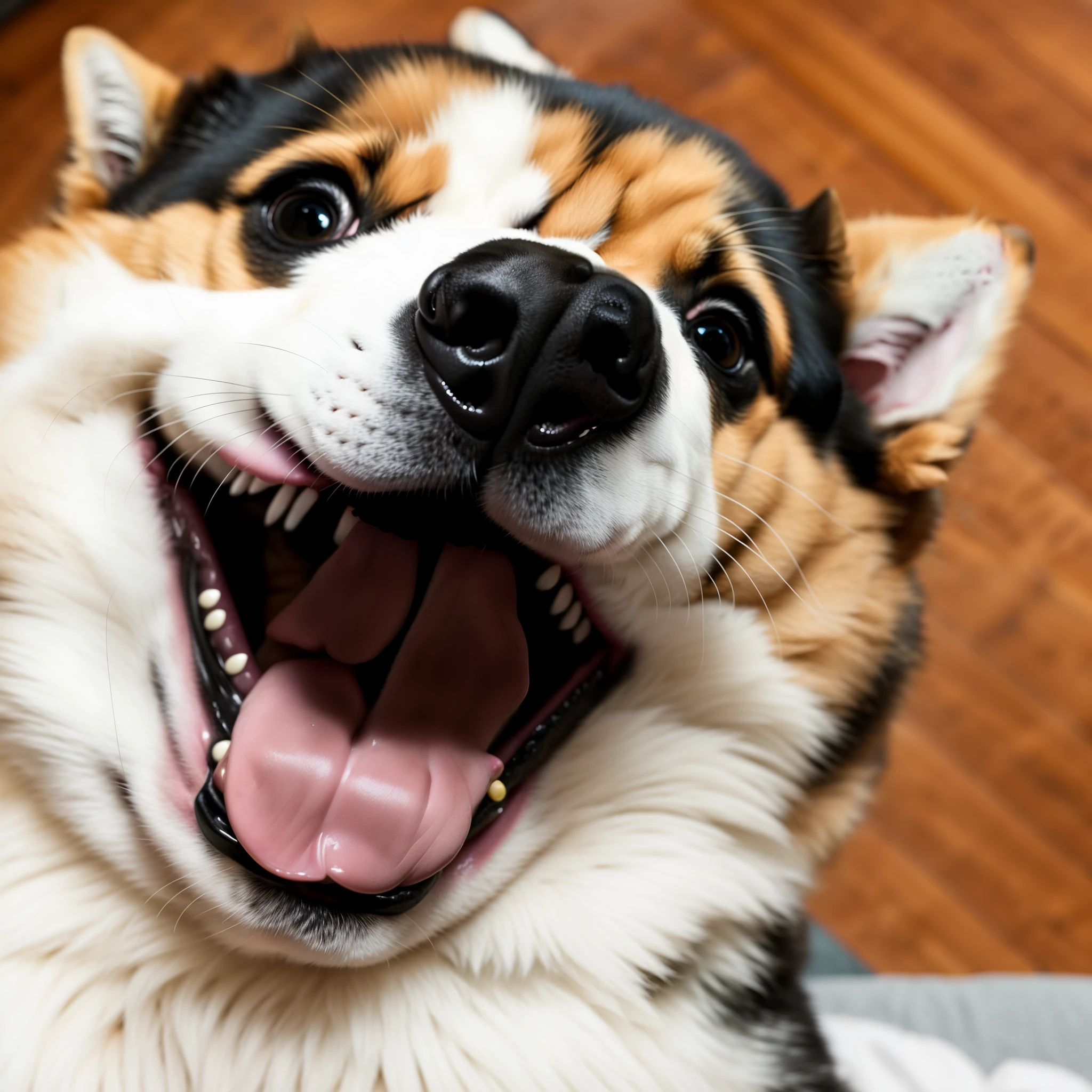 there is a dog that is smiling and looking up, happy dog, he is very happy, doge, r/aww, derp, cute dog, cute corgi, happy with his mouth open, with a happy expression, extremely happy, sneering at the camera, tongue out, grinning lasciviously, happily smiling at the camera, winking at the camera