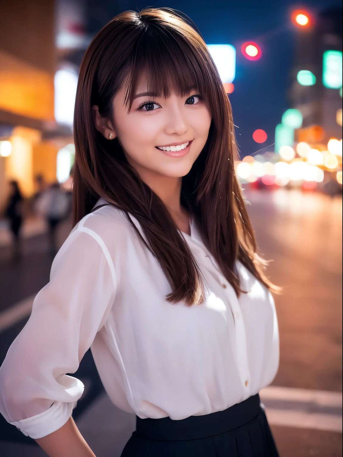 For the first time in 20 years, I was able to stand it.A high resolution, photorealistic image of a Japanese girl with dark brown eyes, natural skin, brown updo hair with bangs, standing in a white blouse and flare skirt. She is solo, smiling, with an open mouth. The image has a bokeh feeling, with window light only, and a night city background. The image features hyper-realism, hyper-detailing, beautiful eyes, pretty wet lips, delicate fingers, detailed pupils, and real hum