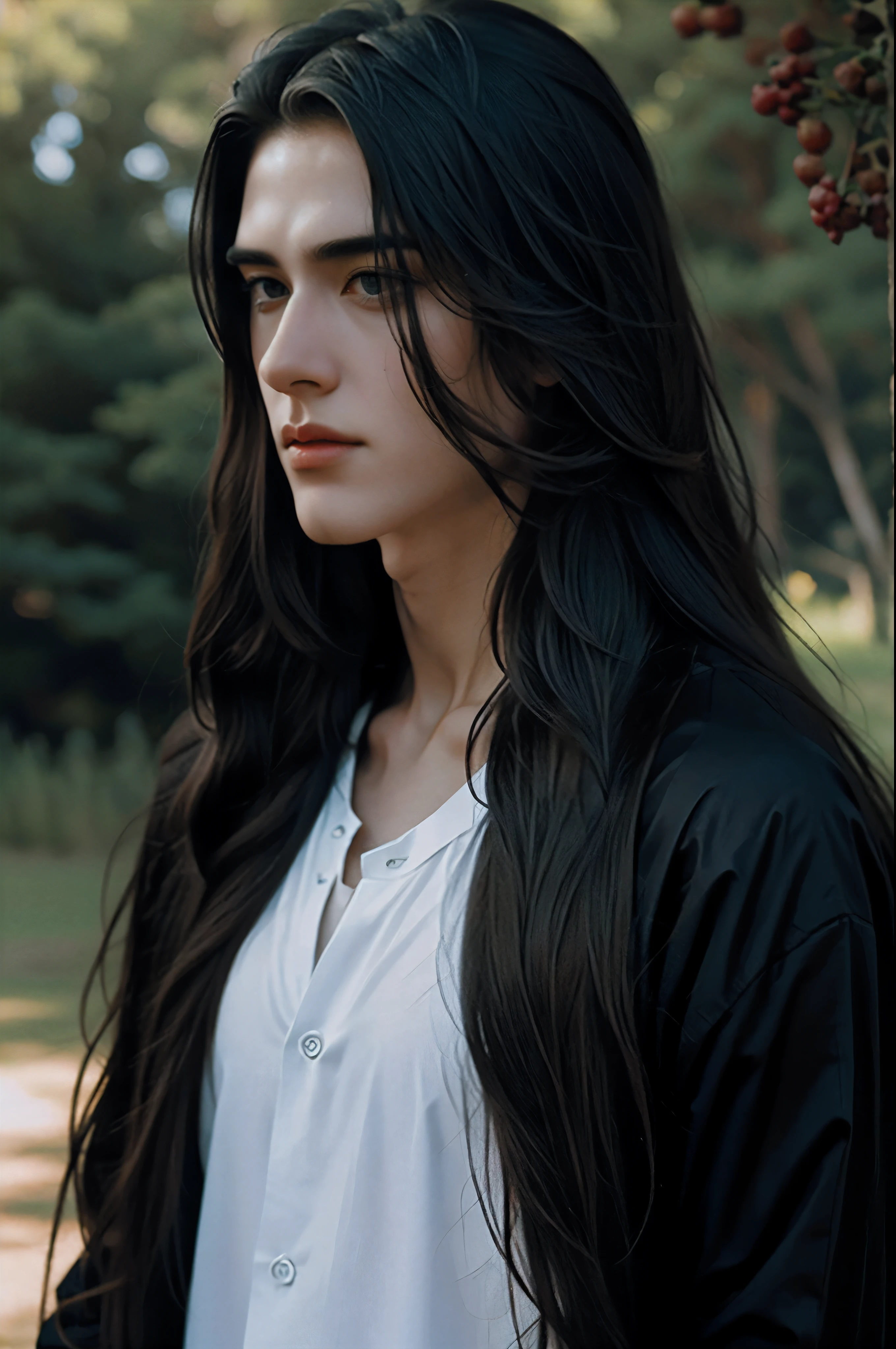 Arafed woman with long black hair standing in a park - SeaArt AI