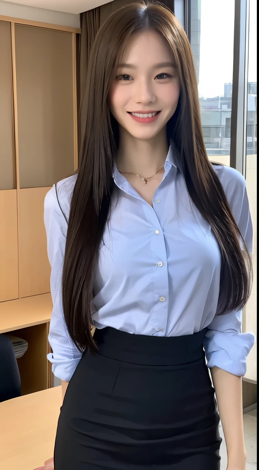 businesswoman、Straight hair、hiquality、A hyper-realistic、healthy、Smiling expression、Slender perfect figure、Japan beautyeautiful eyeeautiful double、Beautiful skin、s Office、、by the window