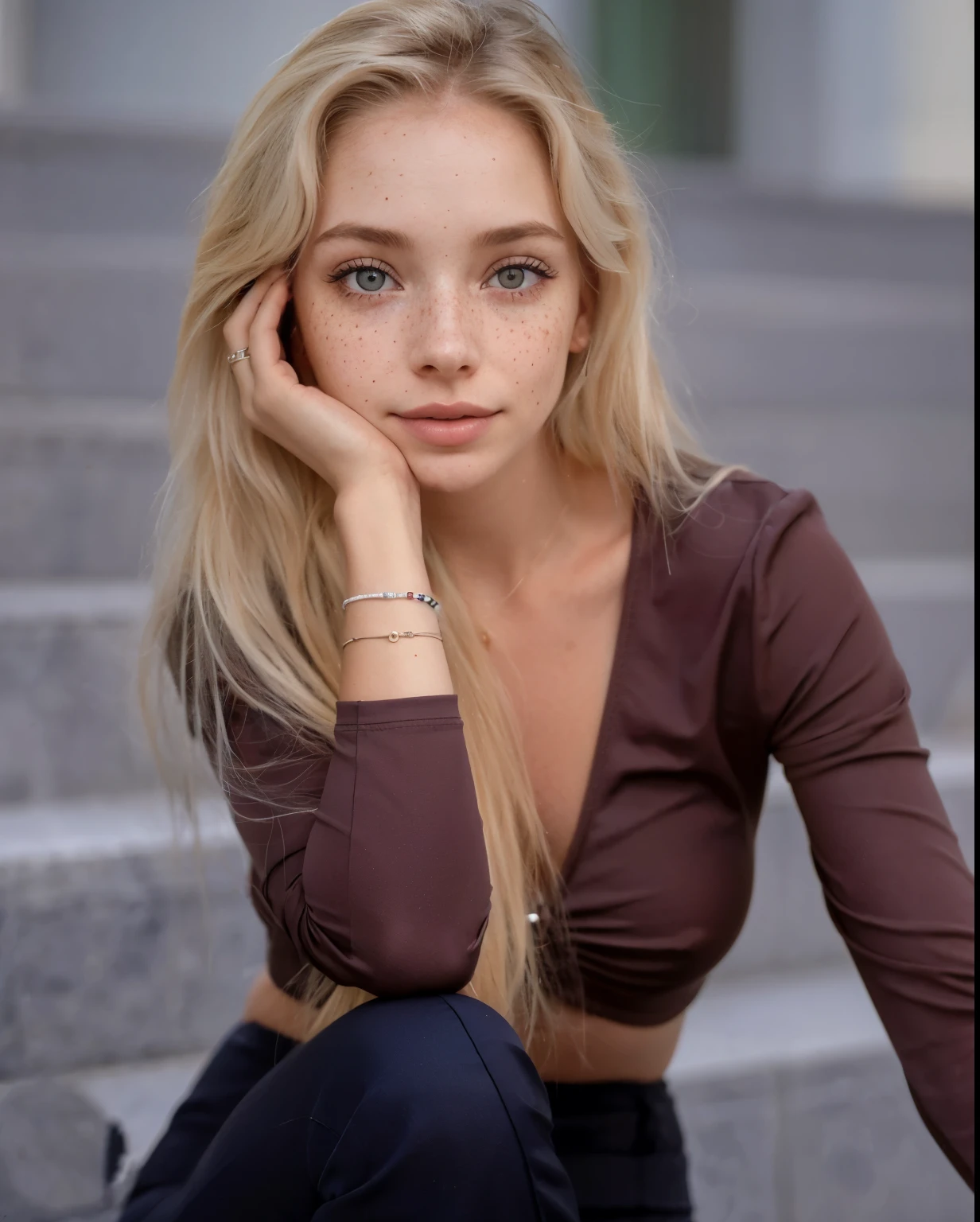 Rosto de uma mulher, americana, 25 anos, pale skin and freckles, olhos cinzas, nariz delicado, soft and delicate lips, cabelo blondie cinza longo e ondulados, sorriso meigo