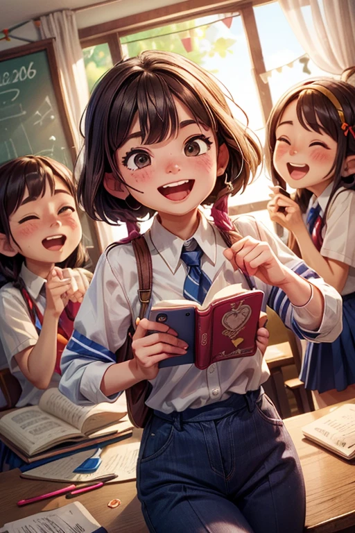 close_up of Laughing faces, Laughing heartily, Classmates, graduation, group photo, school, intricate, (masterpiece, Representative work, official art, Professional, unity 8k wallpaper:1.3)