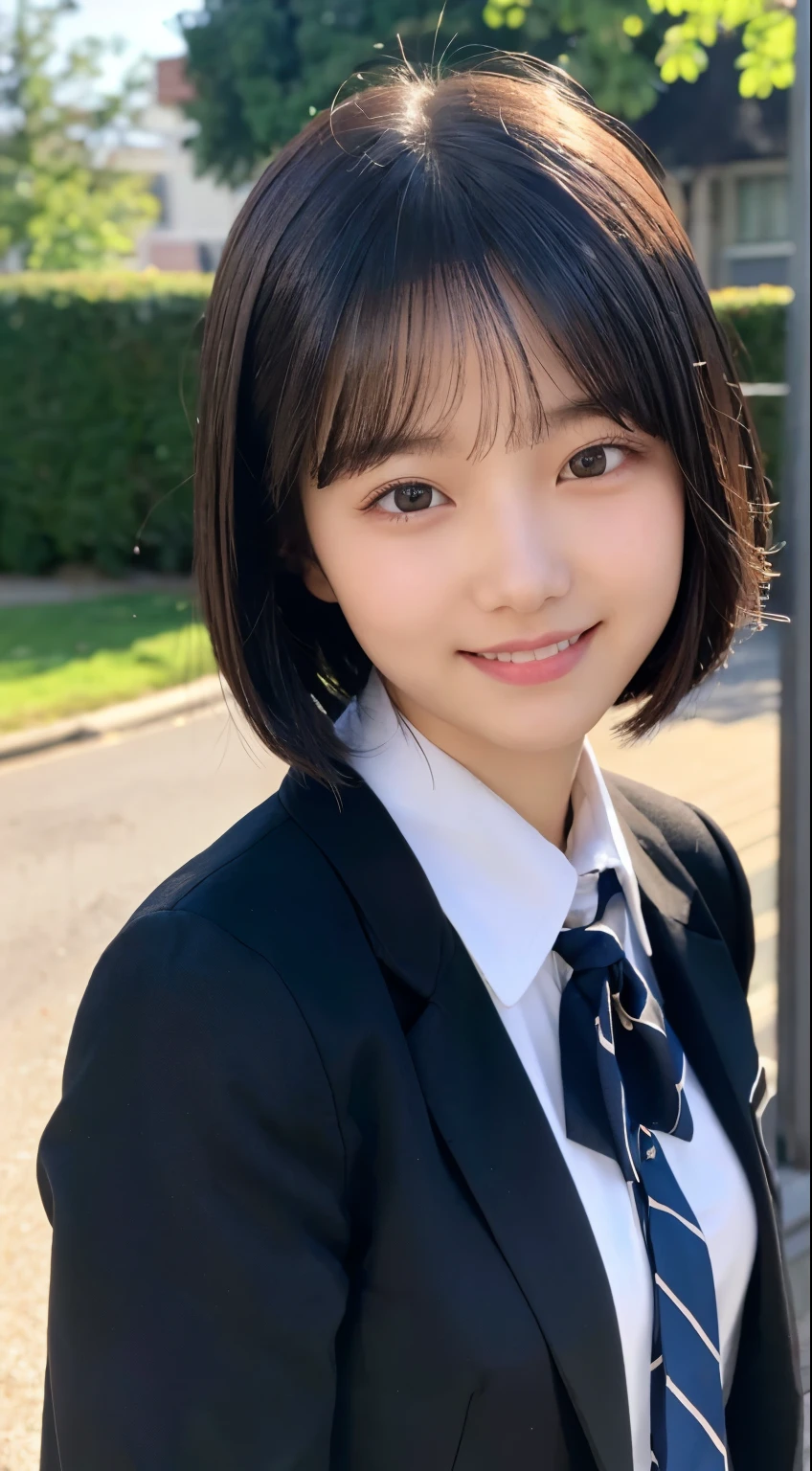 (top-quality,8K picture quality,masterpiece:1.3),(超A high resolution,Photorealsitic:1.4,Raw photography),(ultra-detailliert,Caustics,Detailed background),(Ultra-realistic capture,Beautifully detailed skin,perfect anatomia),at the sunset,Sunset sky,school buildings,school ground,18year old,kawaii,Single eyelid,Black hair short bob,School Blazer Uniform,Looking at the camera,A smile,Bust-up shot,natural soft light