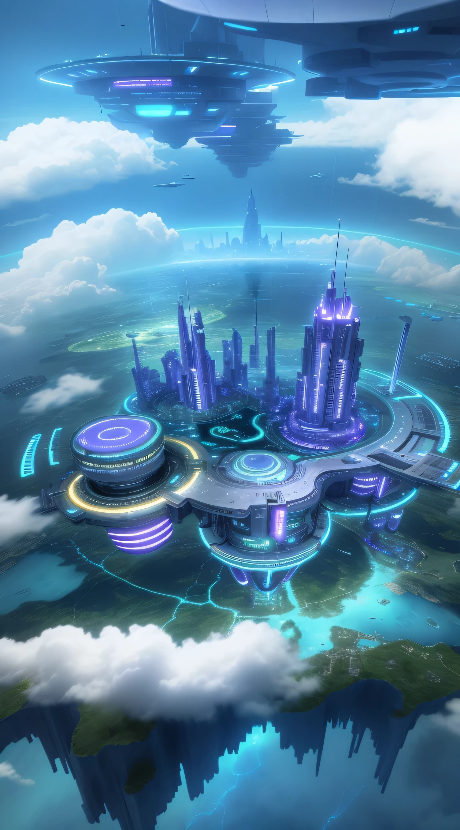 city suspended on island，In the distance are planets and space stations，White clouds and flowing water around，The beautiful city of the future in Wagelding，Tech style，A futuristic，cyber punk style，purpleish color，high high quality，clear light