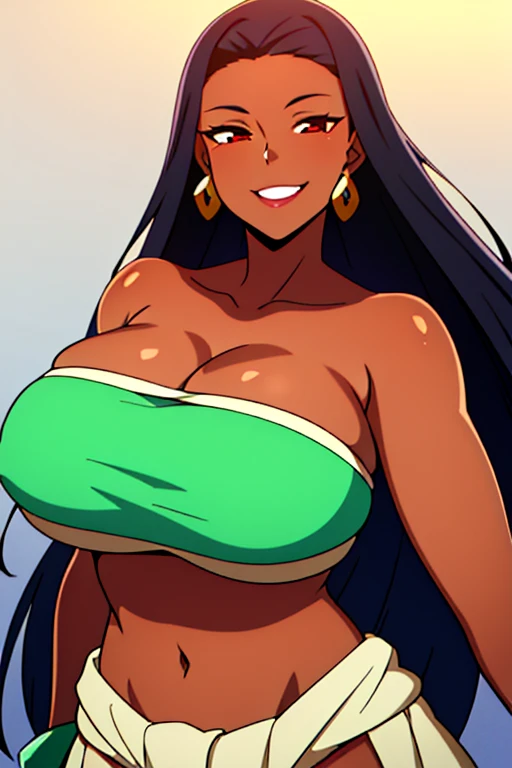 1girl,独奏,loincloth,Bandeau,People \(Road to Eldorado\),dark skinned female, black hair, earings, bangles, Long hair, 1girl, 独奏, upper-body, facing viewer, looking a viewer, Smile, gigantic breasts