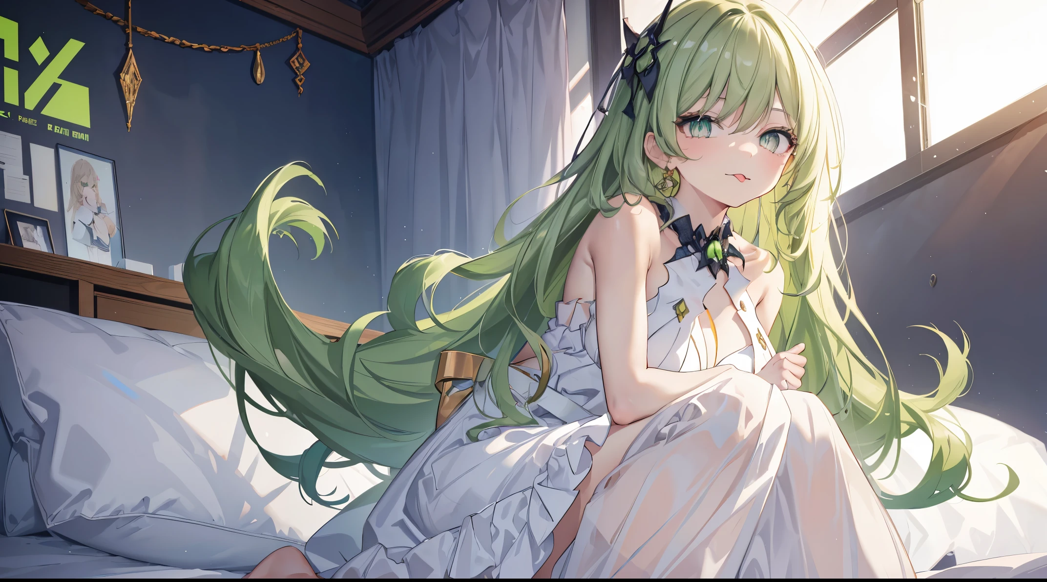 1 girl，Best quality, tmasterpiece, Long green hair, beautiful,detailed eyes, HD, extremely detailed, Visually inspect the audience, (green eyes:1.3), (solo:1.1), Mouth sticking out tongue，The face is slightly red，is shy，full bodyesbian，adorable，Lori small breasts cleavage，white dresses，(sitting on his knees on the bed:1.4),