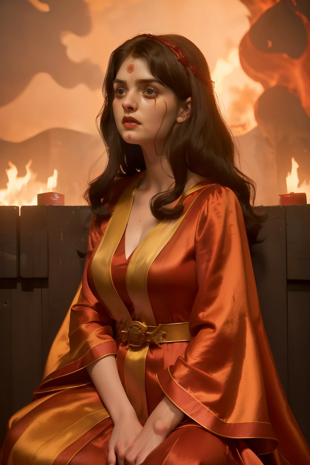 1142, Kingsbridge, England. otherworldly caos scene, ((((22-year-old)) Alexandra Daddario)), surrounded by big fires, ((terrified expression)), ((((burnt face and hair)))), ((((scarlet gown from the 12th century)))), ((Wes Anderson cinematic style)), colorful