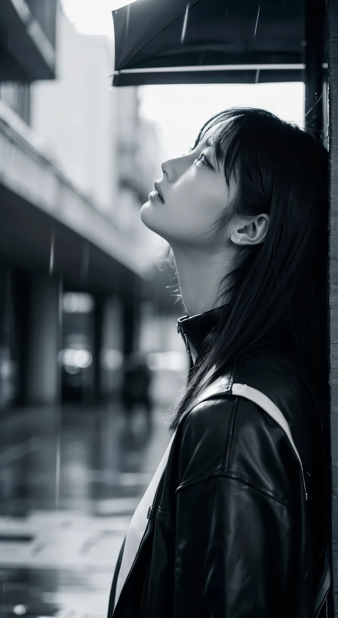 (top-quality,masterpiece:1.3,in 8K),(Photorealsitic:1.4,RAW shooting,Caustics),(Monochrome photography:1.2),nightcity,(Very heavy rain:1.2),streetlights,(streetlightsの光を反射して白く輝く雨粒:1.2),(Woman looking up at the sky),Middle hair,sad Facial expression,long court,Bust-up shot