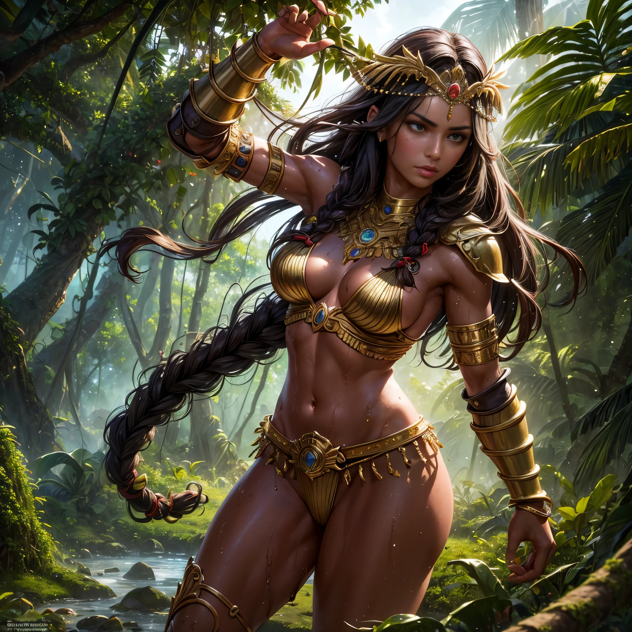 Best quality, masterpiece, ultra high res, (photorealistic:1.4), raw photo, 1girl, Amazonian warrior princess, armed for battle, light armour, gold jewelry, headdress, fight pose, sexy, bronzed skin, long braided hair,  bracelets, alone in the jungle, murky lighting,  wet environment, humid, sweating