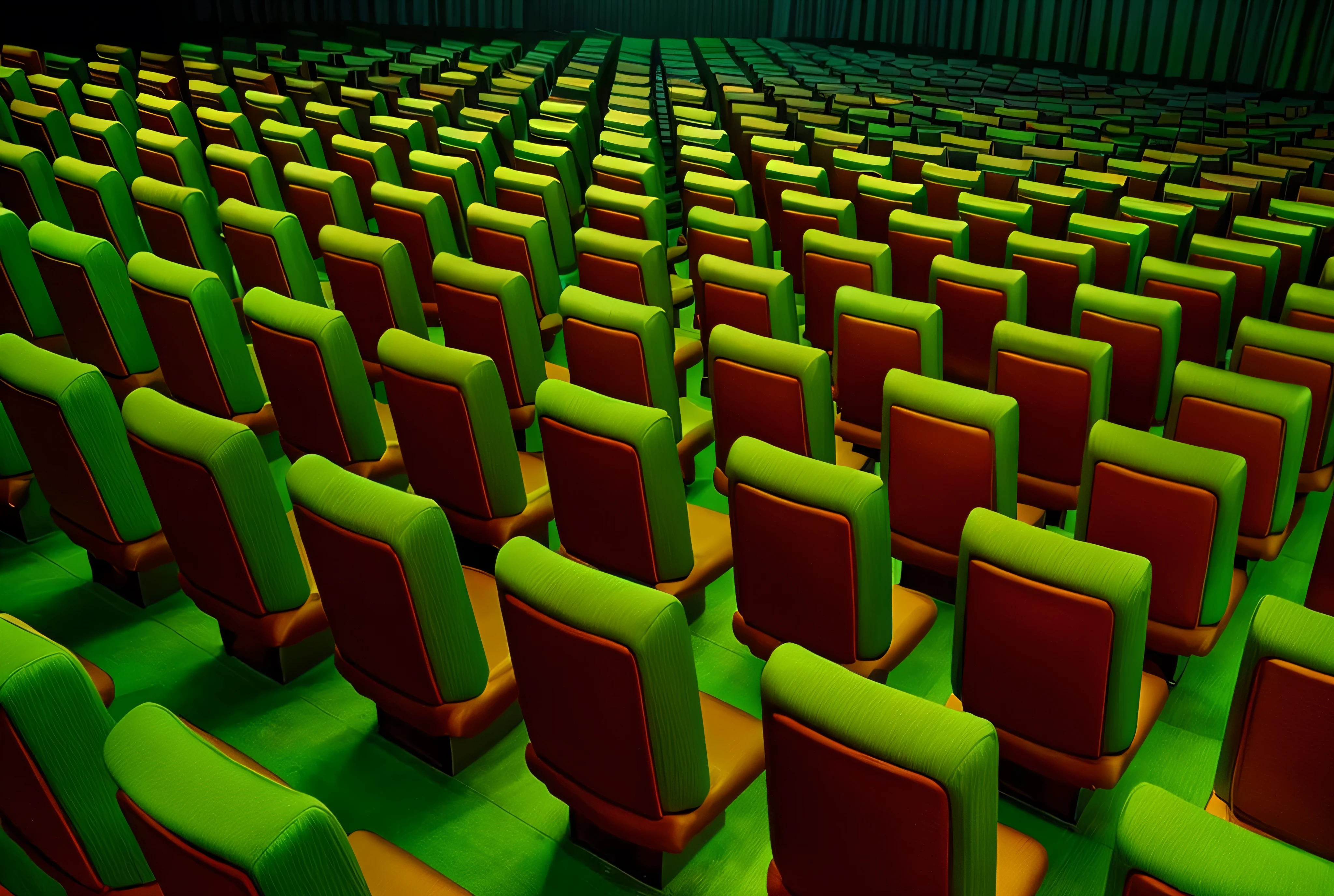 (in 8K、Raw photography、top-quality、masterpiece:1.2)、(Best Quality、in 8K、nffsw:1.2)、Professional Photography, SLR camera,High quality, Kodak Portra 400, Theater seats、(Bright interior:1.88)、moquette fabric sheet、green seat