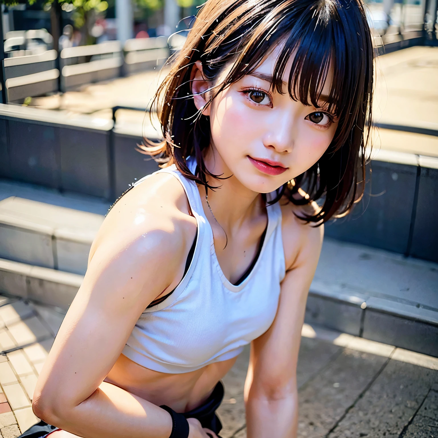 ((top-quality、8K、masterpiece:1.3))、foco nítido:1.2、Beautiful woman with perfect body shape:1.4、Slender Abs:1.2、(Layered Haircut、small tits:1.8)、(Sportsbra:2.0)、(Jogging:1.8)、(a street:1.2)、Highly detailed facial and skin texture、A detailed eye、二重まぶた、A slight smil、Bokeh、((top-quality、8K、masterpiece:1.3、Raw foto))、((Realistic lighting、top-quality、8K、masterpiece:1.3))、flawless beauty:1.4、二重まぶた、32k UHD resolution、shot on Hasselblad H6D 400c Multi shot、Mitakon Speedmaster 35mm f1。4 XCD、1 persons