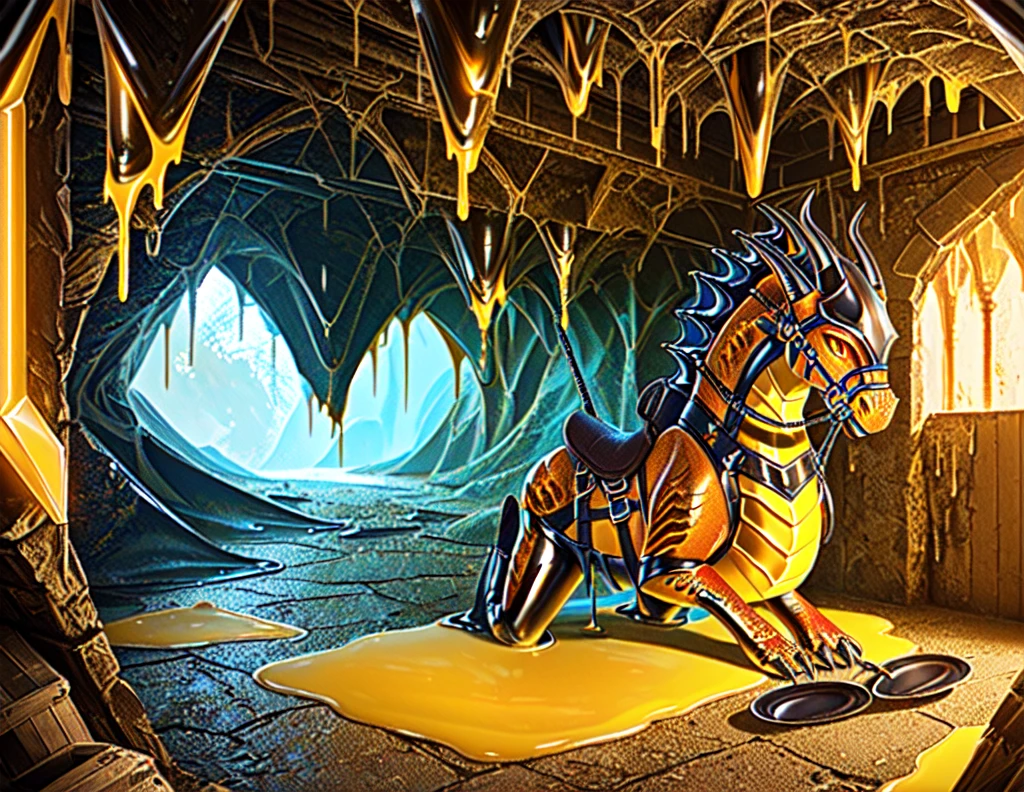 red yellow orange, a photorealistic HD cg closeup render of a female paladin knight morphing into a latex dragon as a cursed dragon tack wraps around her body, red and yellow with orange accents, human latex dragon hybrid, wearing dragon's saddle, harness, bridle, and heavy plate armor, inside abandoned stall in subterranean dragon aerie cave, heavy armor, human morphing into latex rubber goo dragon, latex goo coating