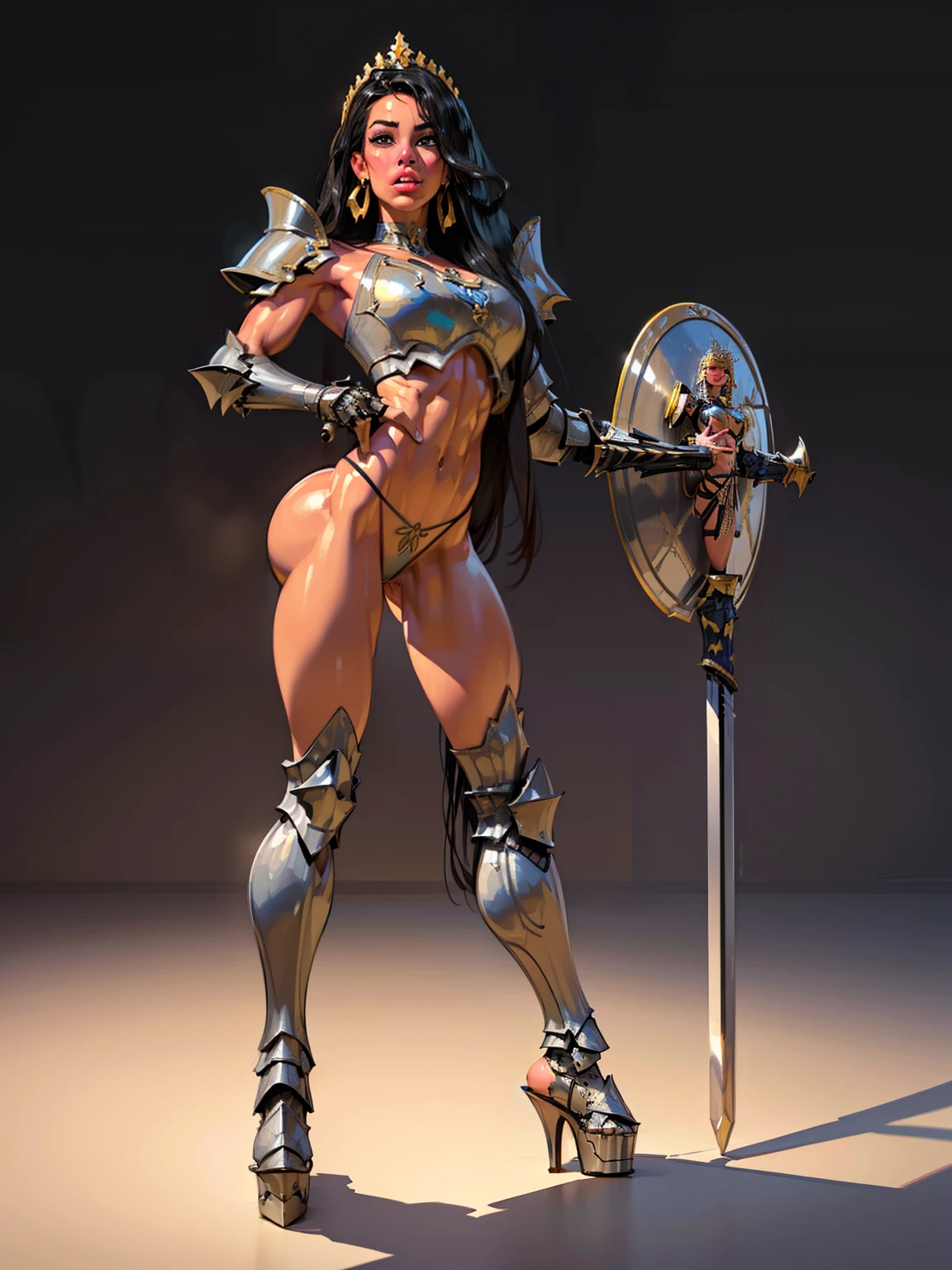 woman, ((long hair)),  blackblue hair, ((beautiful)), ((straight hair:1.4)), hair split in middle, adorned in medieval armor, twerking, metal muscles, emanating a medieval elegance and marvel, armor pump bootreastplate)), chrome silver tiara, small armband, (shoulder armor), gauntlets, ((armored thong:1.5)), sword, shield, exposed midriff, (puffy lips:1.3), detailed eyes, ((slendered abs )),((sweaty), wide hips, (puffy lips:1.5), slender abs,rim lighting, side light, cinematic light, ultra high definition, 8k, film grain,best shadow, light particles, detailed skin texture, detailed gem armor texture, detailed face, intricate details, super detailed, bright, spiked heel boots