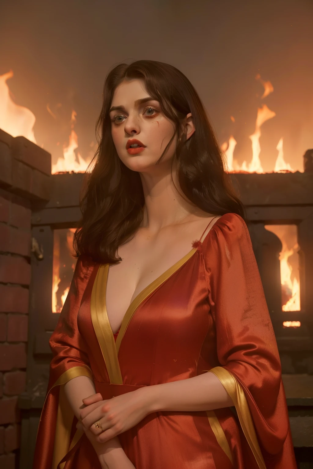 1142, Kingsbridge, England. otherworldly caos scene, ((((22-year-old)) Alexandra Daddario)), surrounded by big fires, ((terrified expression)), ((((burnt face and hair)))), ((((scarlet gown from the 12th century)))), ((Wes Anderson cinematic style)), colorful