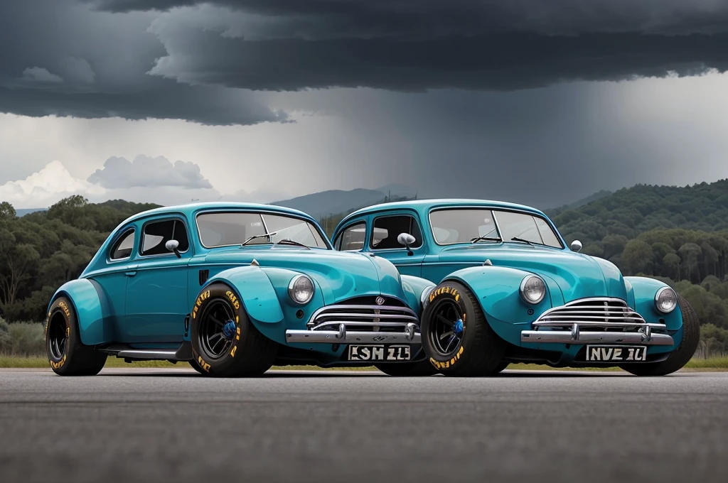 una vista frontal de 3/4 de (hotrod zeekars)) (with bright tyres), neon glow, coche musculoso, Lighting storm in the background, negro y ((azul oscuro)), en la ciudad, ((rudo))